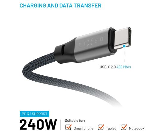 Fixed Magnetic Braided Cable USB-C/USB-C, USB 2.0, Gray FIXDBM-CC2-GR Data USB kabeļi