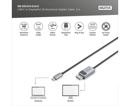 Digitus Bi-directional Adapter Cable DB-300334-010-S USB-C to DisplayPort Data USB kabeļi
