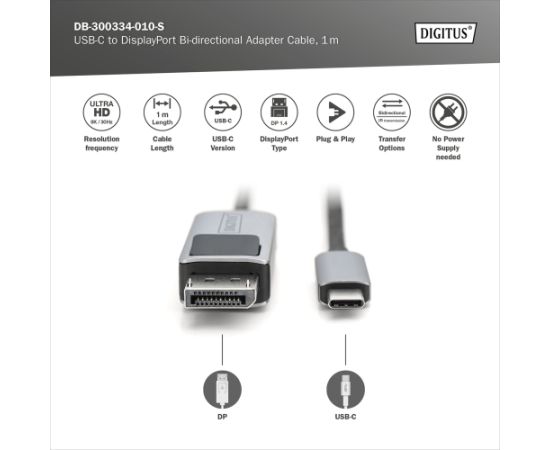 Digitus Bi-directional Adapter Cable DB-300334-010-S USB-C to DisplayPort Data USB kabeļi