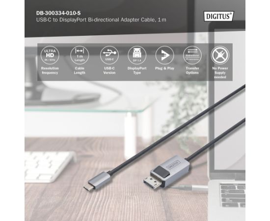 Digitus Bi-directional Adapter Cable DB-300334-010-S USB-C to DisplayPort Data USB kabeļi