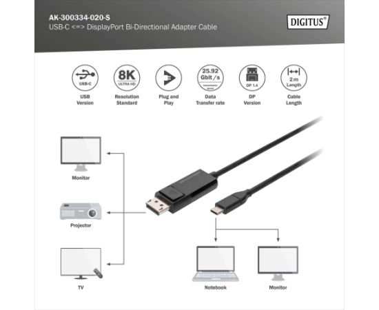Digitus Bi-Directional Adapter Cable 2 m AK-300334-020-S USB Type C to DisplayPort Дата USB-кабели