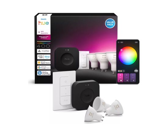 Philips Hue Starter set: 3 GU10 bulbs, dimmer switch, Hue Bridge Pro GU10 Zigbee, Wi-Fi, Bluetooth Viedās lampas un spuldzes