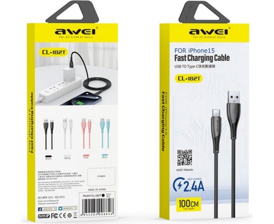 USB cable Awei CL-182T USB to USB-C 1.0m black Data USB kabeļi