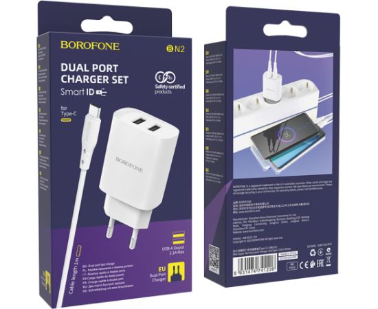 OEM Borofone BN2 tālruņa lādētājs USB | 5V | 2.1A | 10.5W + USB-C kabelis balts Telefonu lādētāji 220v