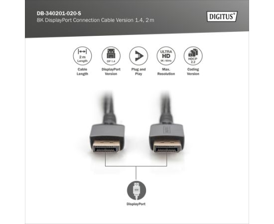 Digitus Connection Cable DB-340201-020-S DisplayPort to DisplayPort Data USB kabeļi