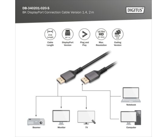Digitus Connection Cable DB-340201-020-S DisplayPort to DisplayPort Data USB kabeļi