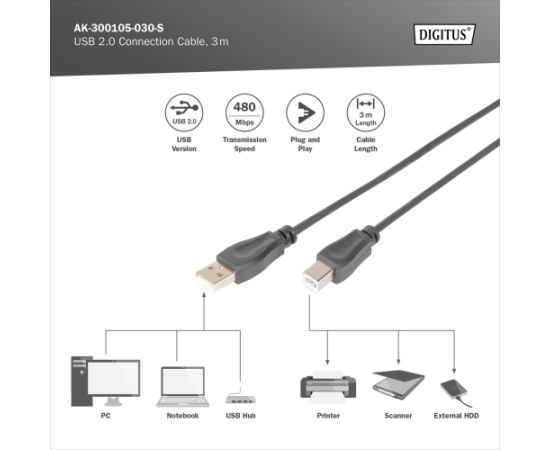 Digitus USB 2.0 Connection Cable AK-300105-030-S Дата USB-кабели