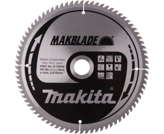 Griešanas disks kokam Makita B-32845; 260 mm Zāģripas