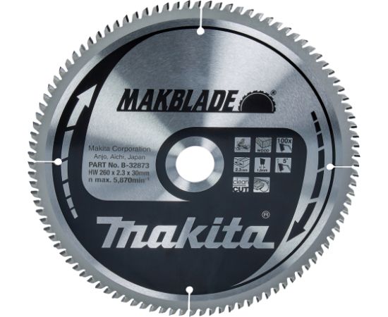 Griešanas disks kokam Makita B-32873; 260 mm Zāģripas
