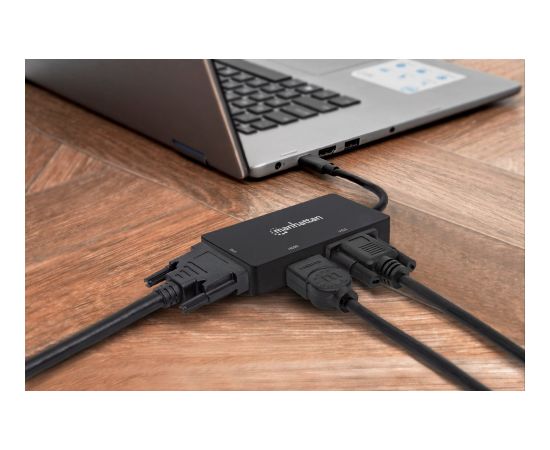 Manhattan USB-C Dock/Hub, Ports (x3): DVI-I, HDMI and VGA Ports, Note: Only One Port can be used at a time, External Power Supply Not Needed, Universal for all devices, Cable 10cm, Black, Three Year Warranty Adapteri