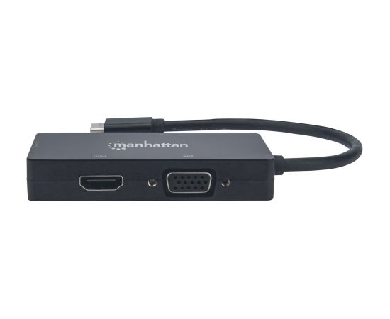 Manhattan USB-C Dock/Hub, Ports (x3): DVI-I, HDMI and VGA Ports, Note: Only One Port can be used at a time, External Power Supply Not Needed, Universal for all devices, Cable 10cm, Black, Three Year Warranty Adapteri
