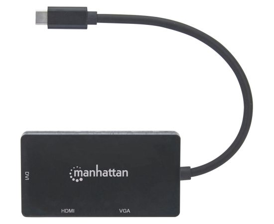 Manhattan USB-C Dock/Hub, Ports (x3): DVI-I, HDMI and VGA Ports, Note: Only One Port can be used at a time, External Power Supply Not Needed, Universal for all devices, Cable 10cm, Black, Three Year Warranty Adapteri