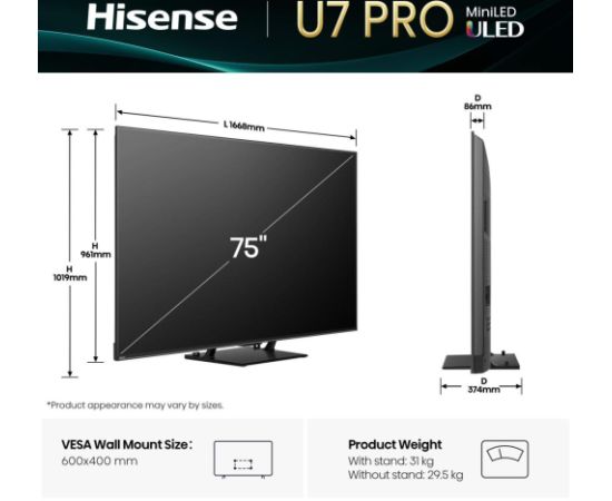 TV Set HISENSE 75U7Q PRO 75" 4K Ultra HD 16:9 ULED Телевизоры