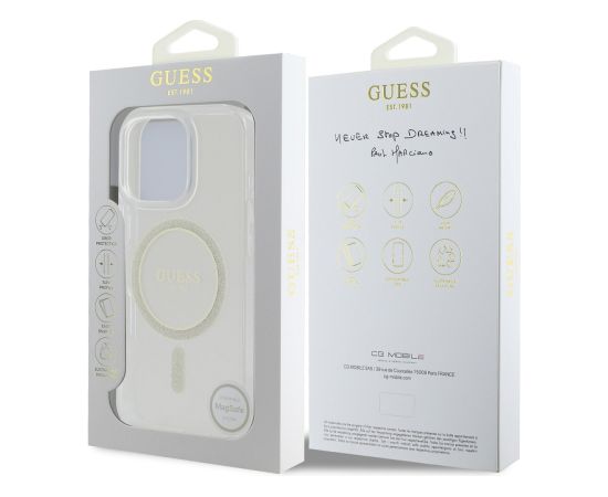 Guess IML Glitter Ring MagSafe Case Aizsargapvalks priekš iPhone 16 Pro Max / caurspīdīgs Neoriģinālie Maciņi