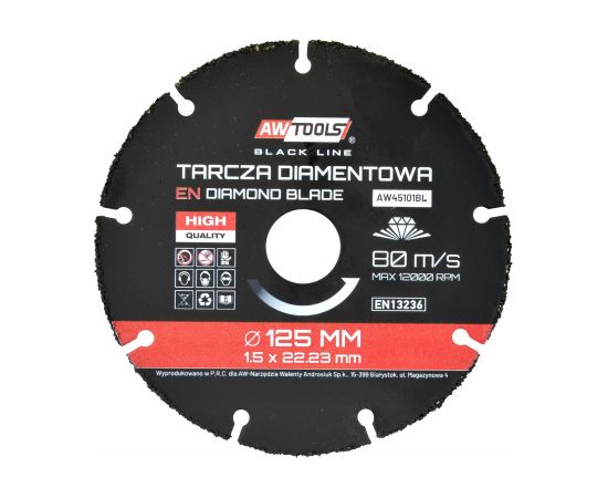 Griešanas disks kokam leņķa slīpmašīnām AWTools AW45101BL; 125 mm Zāģripas