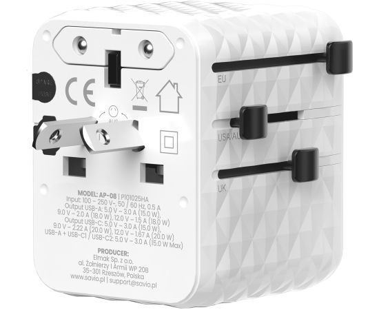 Savio AP-08 power adapter/inverter 20 W White Adapteri