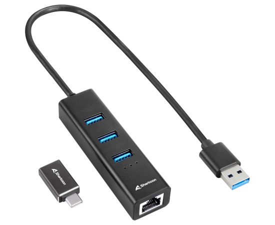 Sharkoon 3-Port USB 3.2 Gen 1 Alu Hub + Ethernet, docking station (black) USB / Type-C Hub