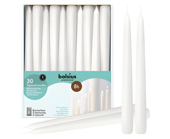 Bolsius Galda sveces Professional 30gab kastē 250/24mm baltas Sveces un svečturi