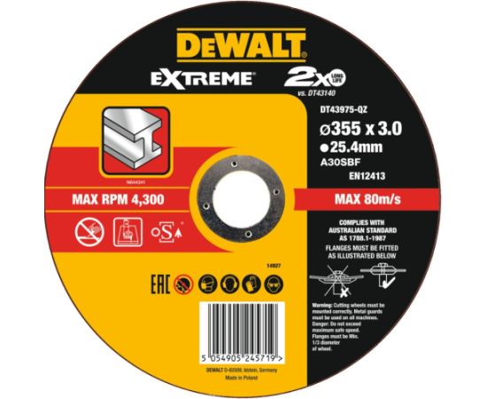 Abrazīvais griešanas disks DeWalt DT43975-QZ; 355x25,4x3,0 mm Dažādi diski