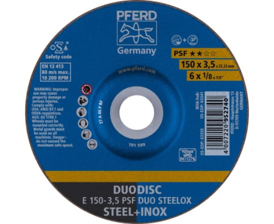 Abrazīvais griešanas disks Pferd PSF DUO Steelox; 150x3,5x22,23 mm Dažādi diski