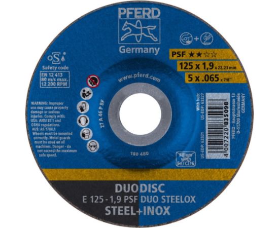 Abrazīvais griešanas disks Pferd PSF DUO Steelox; 125x1,9x22,23 mm Различные диски