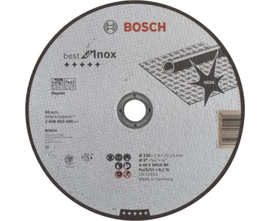 Abrazīvais griešanas disks Bosch Rapido; A 46 V INOX BF; 230x1,9 mm Dažādi diski