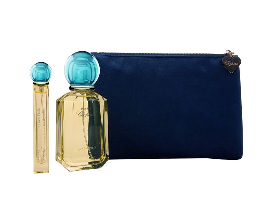 Happy Lemon Dulci Set Chopard: Happy Lemon Dulci Eau De Parfum For Women 100ml + Textile Makeup Bag Blue + Happy Lemon Dulci Eau De Parfum For Women 10ml Dāvanu komplekti