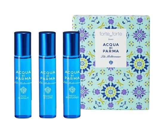 Set Acqua di Parma: Blu Mediterraneo Arancia di Capri Eau De Toilette Unisex 12ml + Blu Mediterraneo - Fico di Amalfi Eau De Toilette Unisex 12ml + Blu Mediterraneo - Mirto di Panarea Eau De Toilette Unisex 12ml Dāvanu komplekti