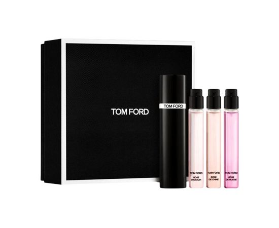 Set Tom Ford: Rose De Russie, Eau De Parfum, For Women, 10 ml + Rose De Chine, Eau De Parfum, For Women, 10 ml + Rose D'Amalfi, Eau De Parfum, For Women, 10 ml + Tom Ford, Refillable Atomizer Case, Black Dāvanu komplekti