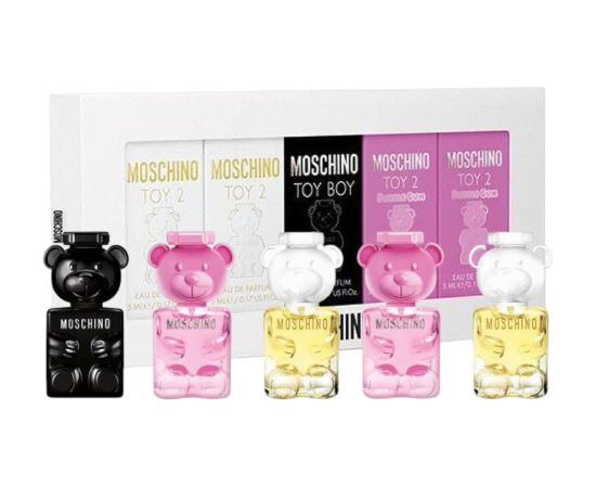 Set Moschino: Toy 2 Bubble Gum, Eau De Parfum, Unisex, 2 pcs, 5 ml + Toy 2, Eau De Parfum, Unisex, 2 pcs, 5 ml + Toy Boy, Eau De Parfum, Unisex, 5 ml Dāvanu komplekti