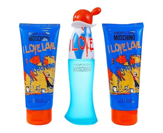 Set Moschino: I Love, Eau De Toilette, For Women, 50 ml + I Love, Cleansing, Shower Gel, For All Skin Types, 100 ml + I Love, Hydrating, Body Lotion, 100 ml Dāvanu komplekti