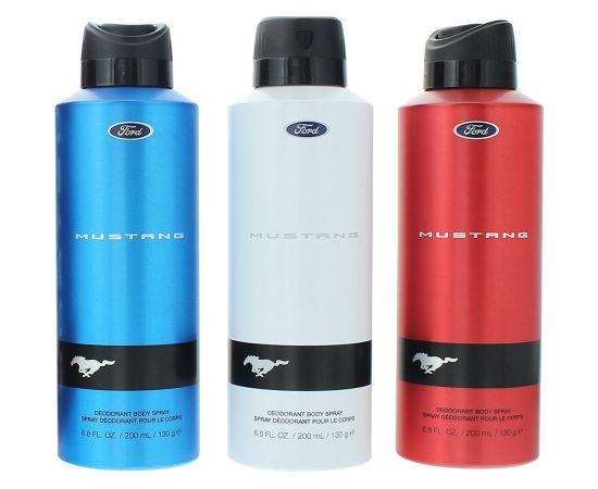 Set Ford: Mustang Blue, Deodorant Spray, For Men, 200 ml + Mustang Red, Deodorant Spray, For Men, 200 ml + Mustang White, Deodorant Spray, For Men, 200 ml Dāvanu komplekti