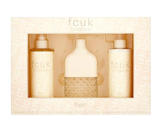 Set Fcuk: Friction, Eau De Parfum, For Women, 100 ml + Friction, Hydrates, Body Lotion, 250 ml + Friction, Scented Spray, For Women, 250 ml Dāvanu komplekti