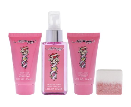Set Ed Hardy: Ed Hardy, Scented Spray, For Women, 50 ml + Ed Hardy, Body Wash, 50 ml + Ed Hardy, Hydrates, Body Lotion, 50 ml + Ed Hardy, Cleansing, Bath Bomb Dāvanu komplekti