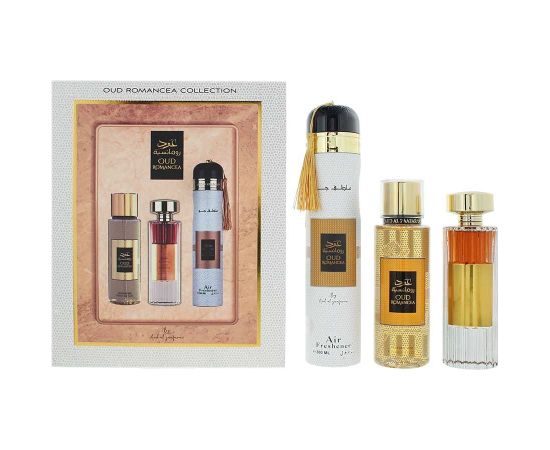Set Ard Al Zaafaran: Oud Romancea, Eau De Parfum, For Women, 100 ml + Oud Romancea, Scented Spray, For Women, 250 ml + Oud Romancea, Amber, Room Air Freshener, 300 ml Dāvanu komplekti