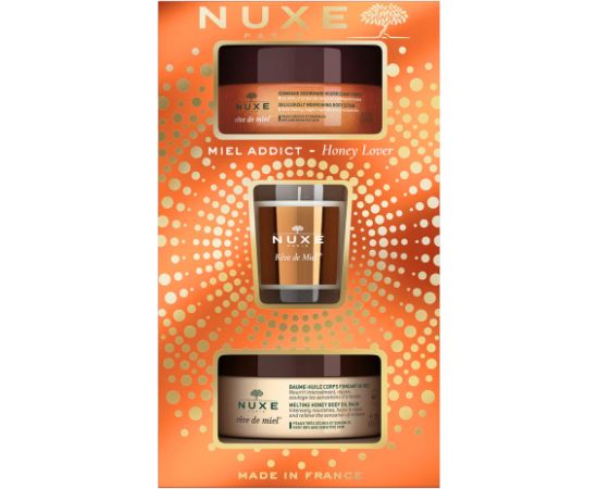 Xmas 2022 Set Nuxe: Reve de Miel Deliciously, Vegan, Calming, Body Scrub, 175 ml + Reve de Miel, Honey, Body Balm, All Over The Body, 200 ml + Reve de Miel, Scented Candle, 70 g Dāvanu komplekti