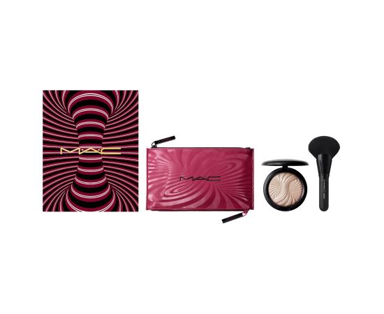 Trick Of The Light Extra Dimension Skinfinish Kit Set MAC: Textile Makeup Bag, Burgundy + MAC, Multi Face Brush, 143S + Extra Dimension Skinfinish, Highlighter Powder, Magnetic Attraction, 9 g Dekoratīvā kosmētika
