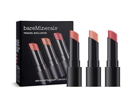 Travel Exclusive Set BareMinerals: Gen Nude Radiant, Cocoa, Cream Lipstick, Infatuation, 3.35 g + Gen Nude Radiant, Cocoa, Cream Lipstick, Friendship, 3.35 g + Gen Nude Radiant, Cocoa, Cream Lipstick, Swag, 3.5 g Dekoratīvā kosmētika