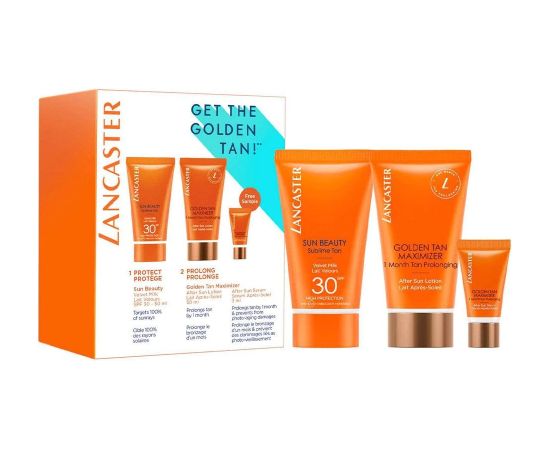 Get The Golden Tan! Set Lancaster: Golden Tan Maximizer, Buriti Oil, Anti-Wrinkle, After-Sun Serum, 3 ml + Golden Tan Maximizer, Hydrating & Soothing, After-Sun Lotion, 15 ml + Sun Beauty, UV Protection, Sunscreen Lotion, SPF 30, 15 ml Dāvanu komplekti
