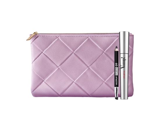 Set Pupa: Multiplay, Double-Ended, Eyeshadow & Kajal Eyeliner 2-In-1, 09, Deep Black, 1.2 g + Vamp!, Paraben-Free, Extra Volume, Mascara, 100, Black, 9 ml + Textile Makeup Bag, Pink Dekoratīvā kosmētika