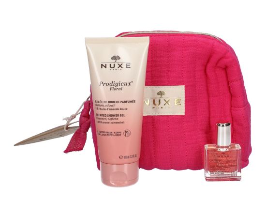 Set Nuxe: Prodigieux Floral, Shower Gel, All Over The Body, For All Skin Types, 100 ml + Prodigieuse Florale, Moisturizing, Body Oil, For Body, Face & Hair, 30 ml + Nuxe, GWP Textile Pouch, Pink Dāvanu komplekti