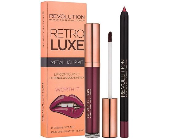 Set Makeup Revolution: Retro Luxe, Metallic, Liquid Lipstick, Worth It, 5.5 ml + Retro Luxe, Lip Liner, Worth It, 1 g Dekoratīvā kosmētika