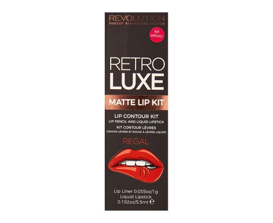 Set Makeup Revolution: Retro Luxe, Lip Liner, Regal, 1 g + Retro Luxe, Matte, Liquid Lipstick, Regal, 5.5 ml Dekoratīvā kosmētika