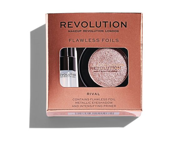 Set Makeup Revolution: Flawless Foils, Vegan, Eyeshadow Primer, 2 ml + Flawless Foils, Vegan, Eyeshadow Palette, Rival, 2 g Dekoratīvā kosmētika