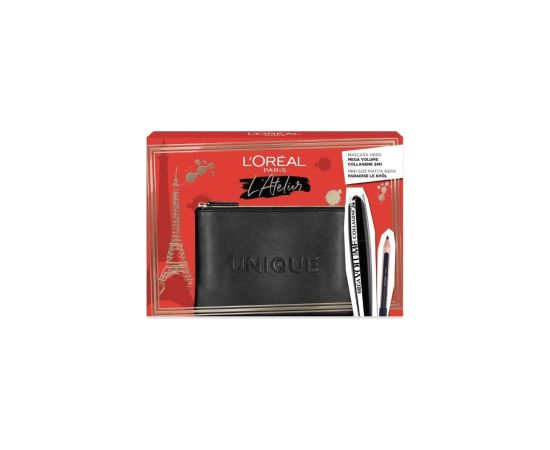 Set L'Oreal Paris: L'Oreal Paris, Kajal Eye Pencil, Black, 1.5 g + Mega Volume Collagene 24h, Waterproof, Mascara, Mega Black, 9 ml + Textile Makeup Bag, Black Dekoratīvā kosmētika