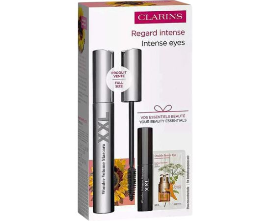Set Clarins: Wonder Volume, Volumising, Mascara, Black, 8 ml + Wonder Volume, Volumising, Mascara, Black, 3 ml *Miniature + Double, Anti-Ageing, Serum, For Face, 0.9 ml *Sample Dekoratīvā kosmētika