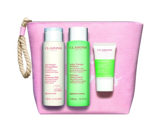 Set Clarins: Pure, Exfoliating Scrub, 15 ml + Velourse, Anti-Pollution, Cleansing Milk, For Face, 200 ml + Purifying, Alcohol-Free, Purifying, Tonic Lotion, For Face, 200 ml Dāvanu komplekti