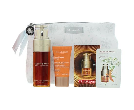 Set Clarins: Double, Anti-Ageing, Serum, For Face, 50 ml + Extra-Firming Energy, Anti-Wrinkle, Day, Cream, For Face, 15 ml + Double, Anti-Aging, Eye Serum, 7 pcs, 0.9 ml Dāvanu komplekti