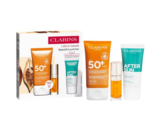 Set Clarins: Clarins, Hydrating, Sunscreen Cream, For Face, SPF 50+, 50 ml + After Sun, Regenerating, After-Sun Balm, 30 ml + Lip Confort, Lip Oil, 01, 7 ml Dāvanu komplekti