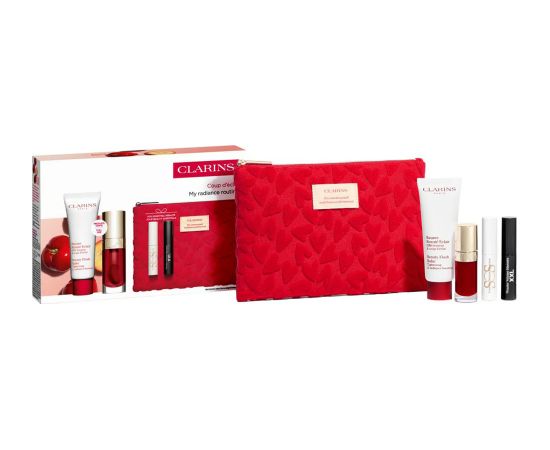 Set Clarins: Beauty Flash, Revitalising, Balm, Face, 15 ml + S.O.S., Eyelash Serum, 3 ml + Lip Comfort, Hydrating, Lip Oil, 7 ml + Wonder Volume, Volumising, Mascara, Black, 3 ml *Miniature + Clarins, GWP Textile Pouch, Red Dekoratīvā kosmētika